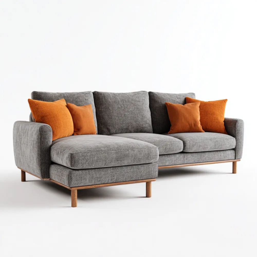 Ecksofa Stoff 250x100x85 cm – Grau mit Kissen – Modernes Design