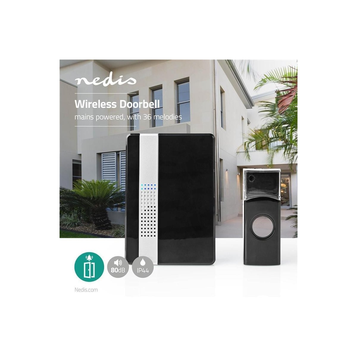 Nedis Trådløs ringeklokke Set | Nettstrøm drevet | 220 - 240 V AC 50 Hz | 1x CR2032 | Volum: 80 dB | Signalområde (siktelinje): 300 m | IP44 | Justerbar volum | 36 Melodier | 1 Mottaker | Sort