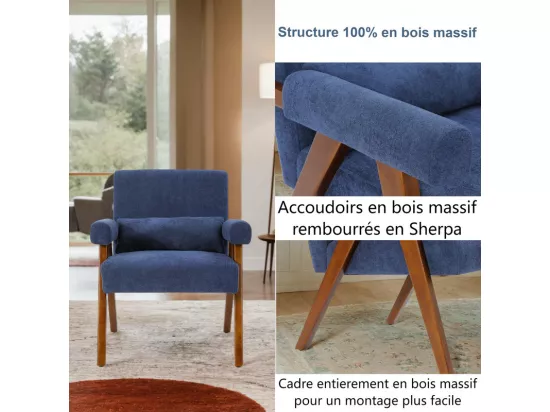 Fauteuil en Sherpa Bleu - pieds en bois massif - avec accoudoirs rembourrés - charge max 125kg - 73x68x83cm