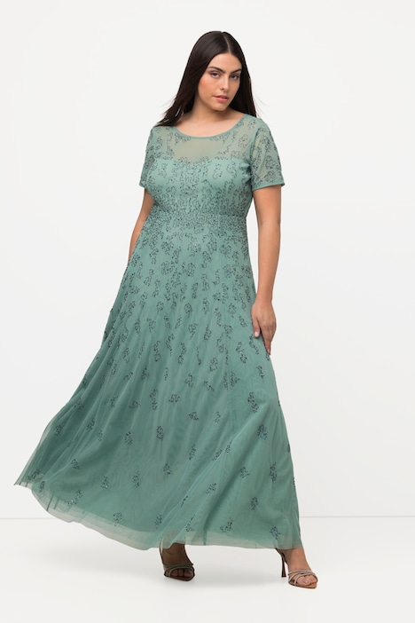 Meshkleid, Perlenstickerei, Rundhals, Halbarm