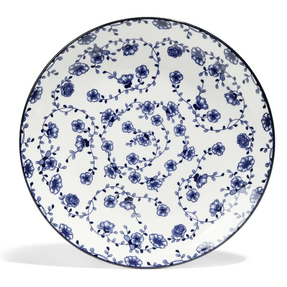 Lot de 4 assiettes plates Ø27cm porcelaine imprimé bleu et blanc