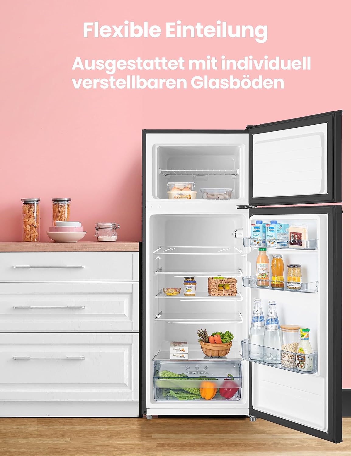 Comfee RCT284DK2A Kühl-/Gefrierkombination/Gefrierteil oben/176 kWh/Jahr/143cm Höhe/LED Licht/Reversibles Türscharnier/Schwarz