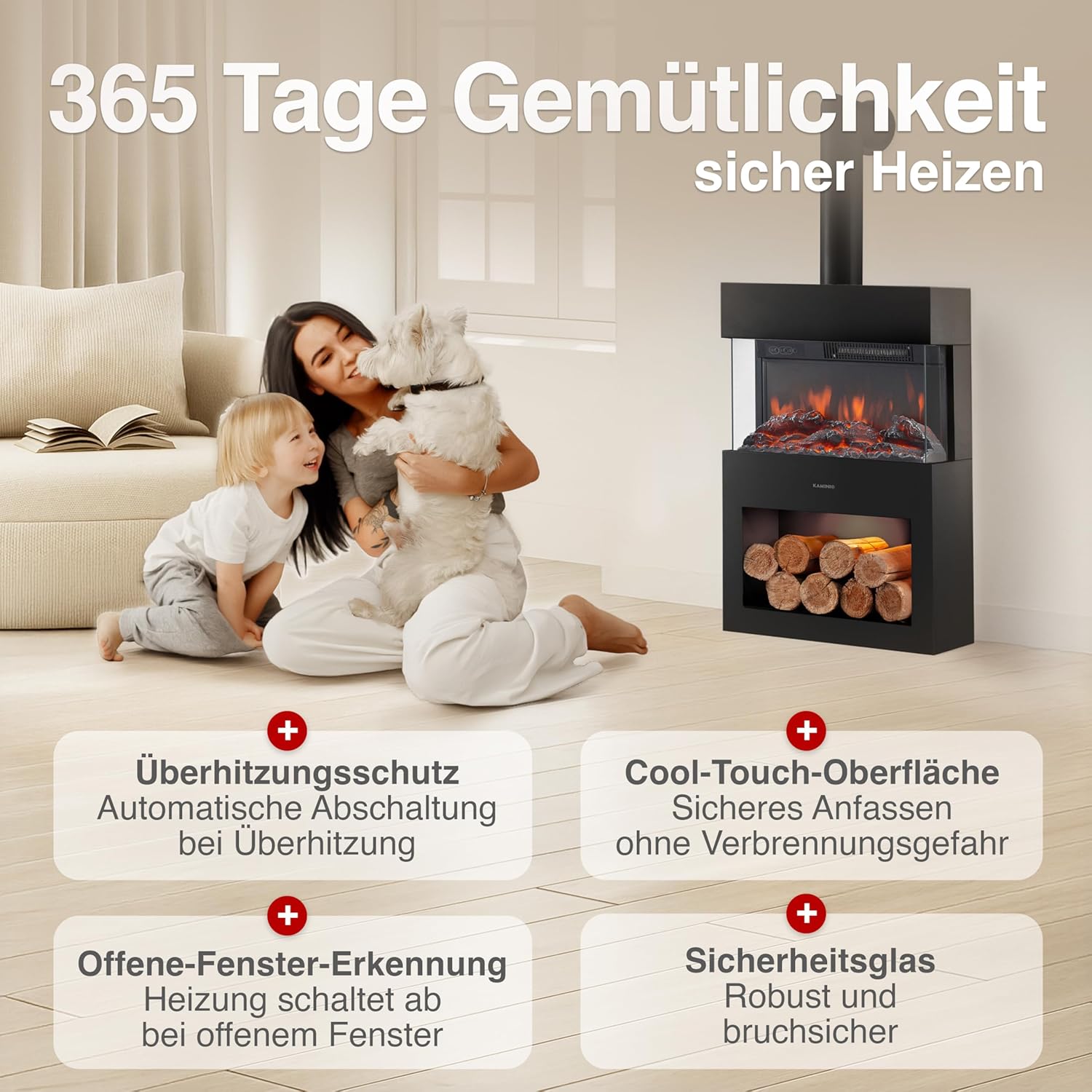 Elektrokamin Henri mit Ofenrohr - Elektrischer Kaminofen mit Heizung, 3D-Flammeneffekt, Holzfach, LED-Ambientelicht, Fernbedienung (Schwarz)