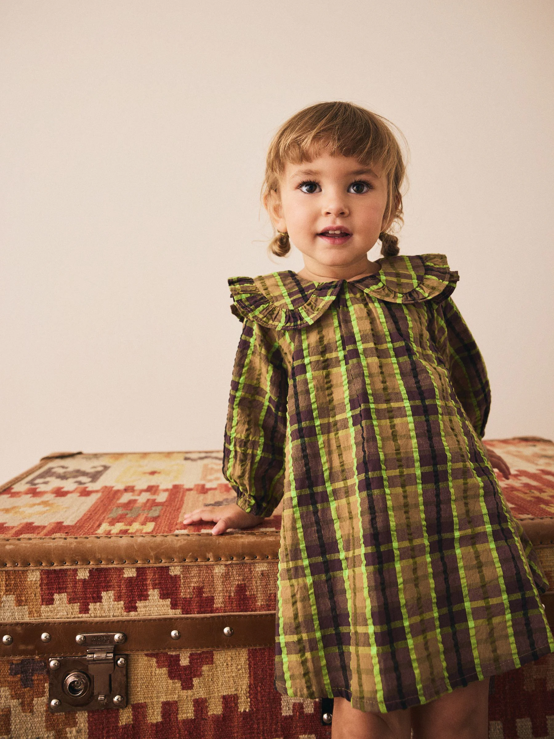 Chocolate/Lime Check - Frill Collar Long Sleeve Dress (3mths-8yrs)