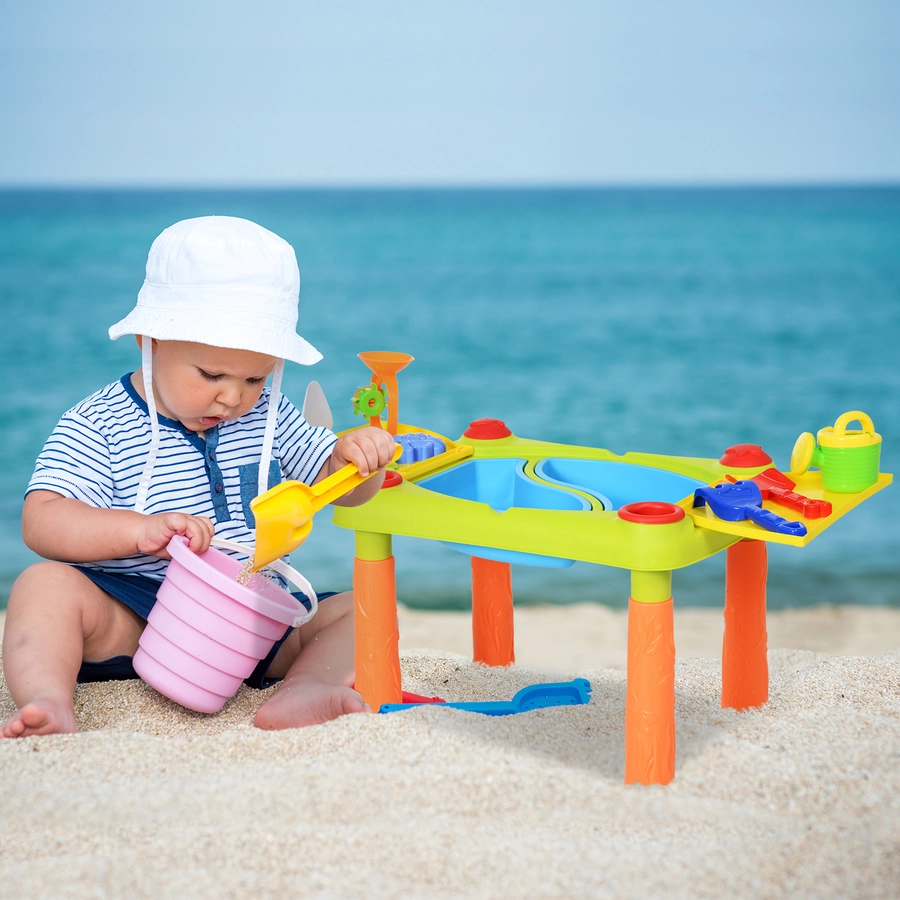 HOMCOM Kinder Sandkastentisch mit 16-tlg. Zubehör grün, gelb, orange