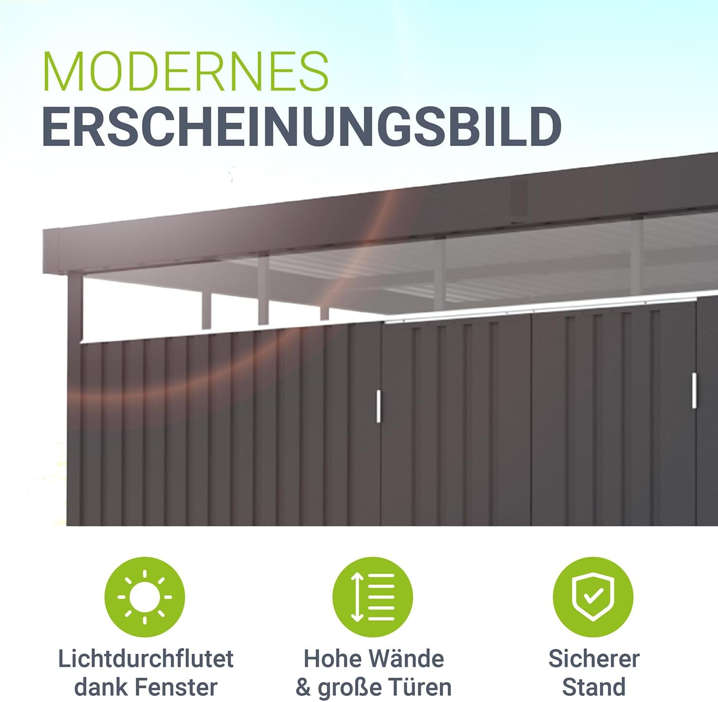 Juskys Gerätehaus Luzern XL - 12 m² - Metall Geräteschuppen mit Türen & Fenstern - wetterfest & abschließbar - Fahrradgarage, Gartenhaus - Anthrazit