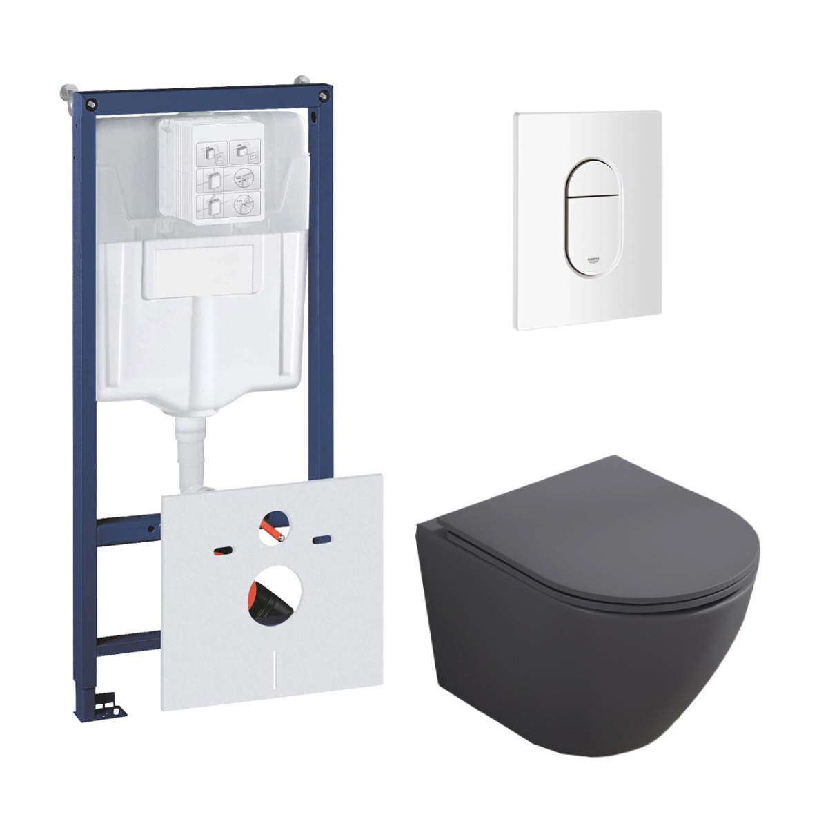 Grohe Rapid toiletset met Saniclear Itsie mat antraciete toiletpot randloos met softclose zitting
