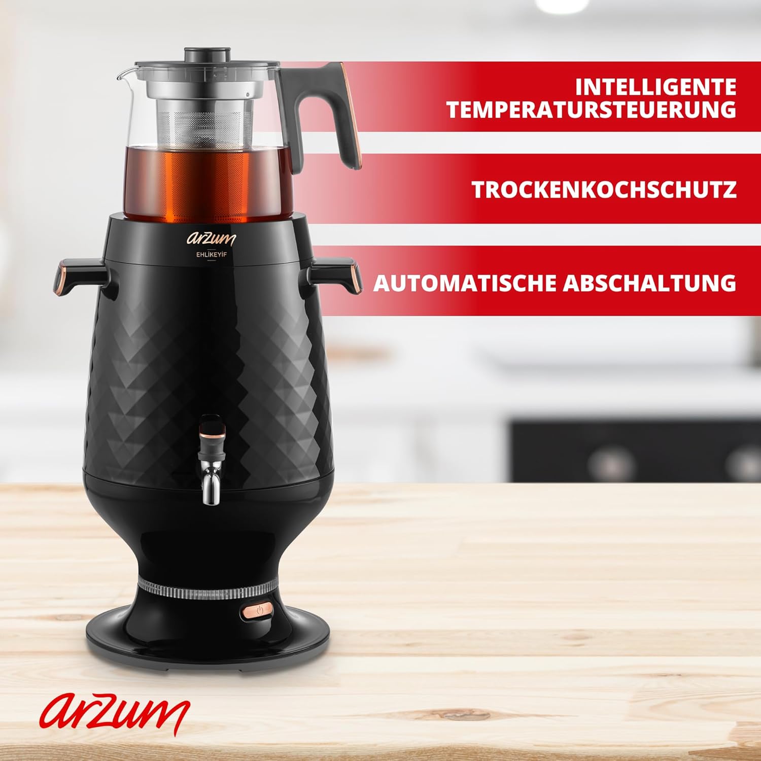 Arzum Ehlikeyf Semowar, Elektrischer Türkischer Teekocher, 2200W, 3,5L Wasserkocher, 1,2L Glas Teekanne, Edelstahl, Intelligente Temperaturregelung, Trockengehschutz