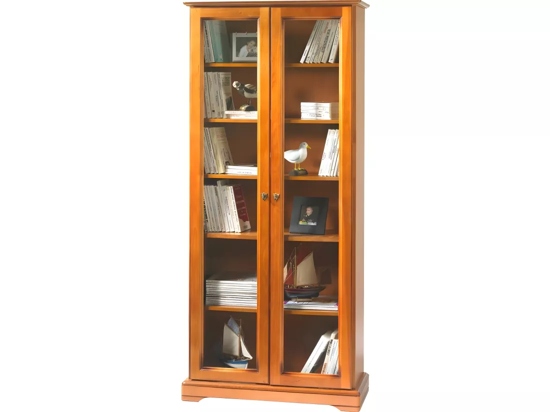Bibliothèque 2 Portes Vitrées Merisier 5 Tablettes L 82.4 H 182.2 P 33 cm