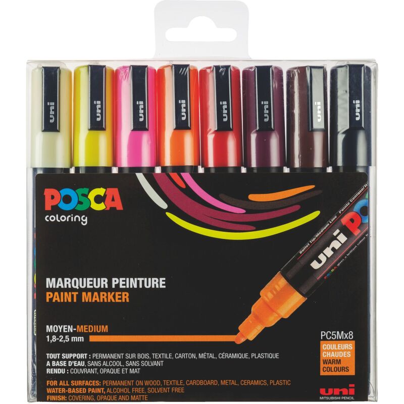 Marqueur Posca PC5M couleurs chaudes assorties pointe conique 1,8 à 2,5 mm - Étui de 8