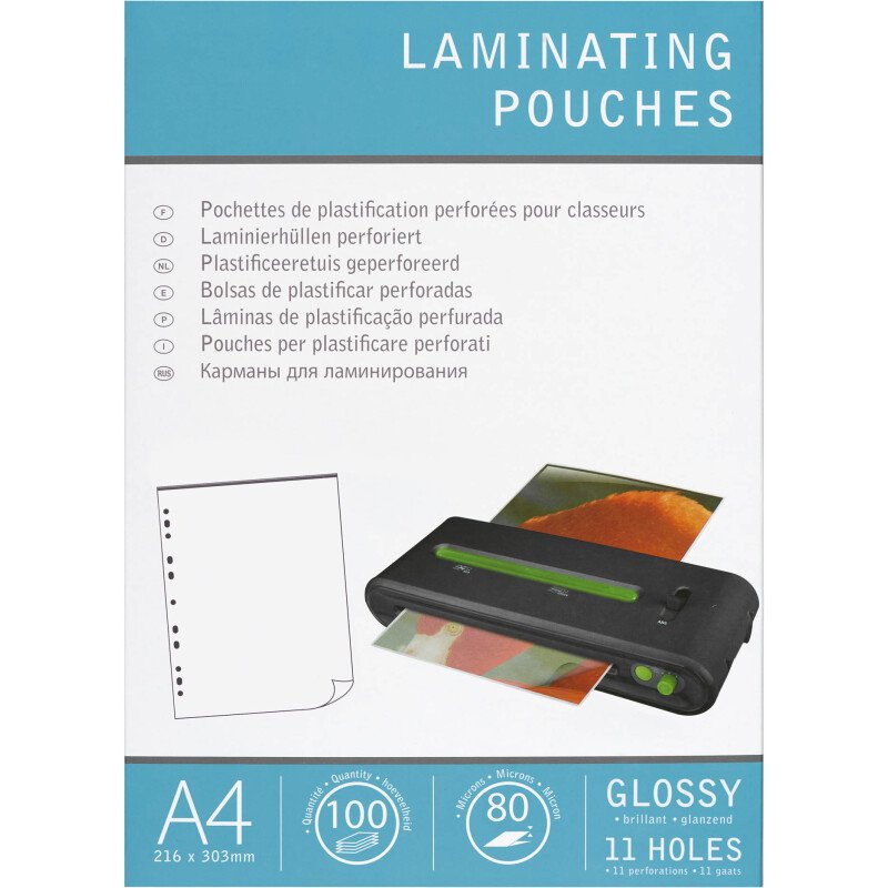 Pochettes de plastification A4 2 x 80 µ brillantes - Perforées pour classeurs - Boîte de 100