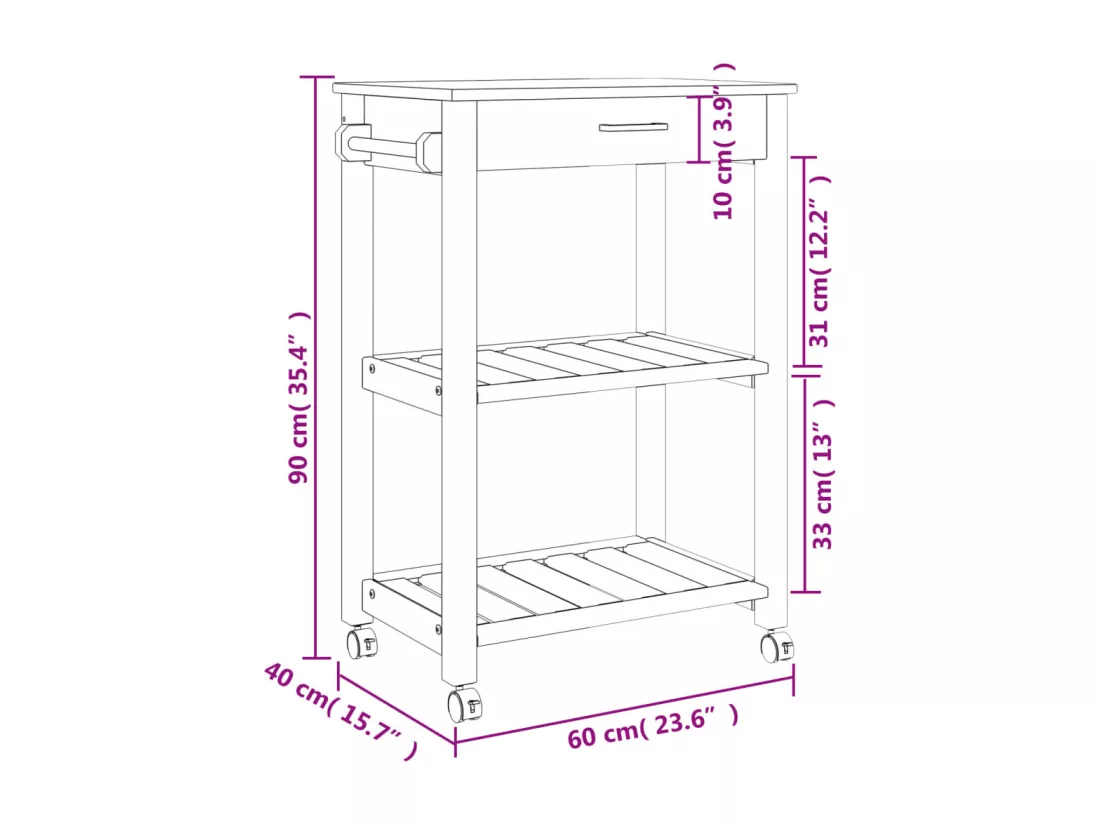 Chariot de cuisine MONZA 60x40x90 cm bois massif de pin