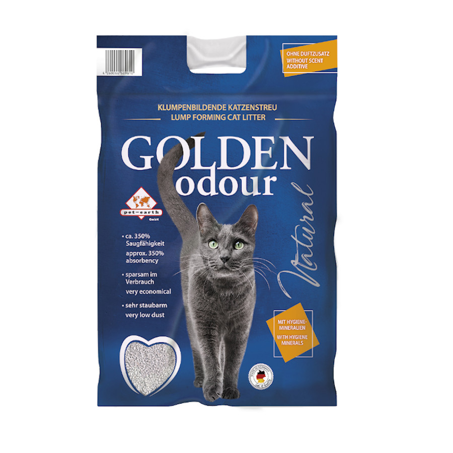 Areia aglomerante Golden Odor absorve odores para gatos.