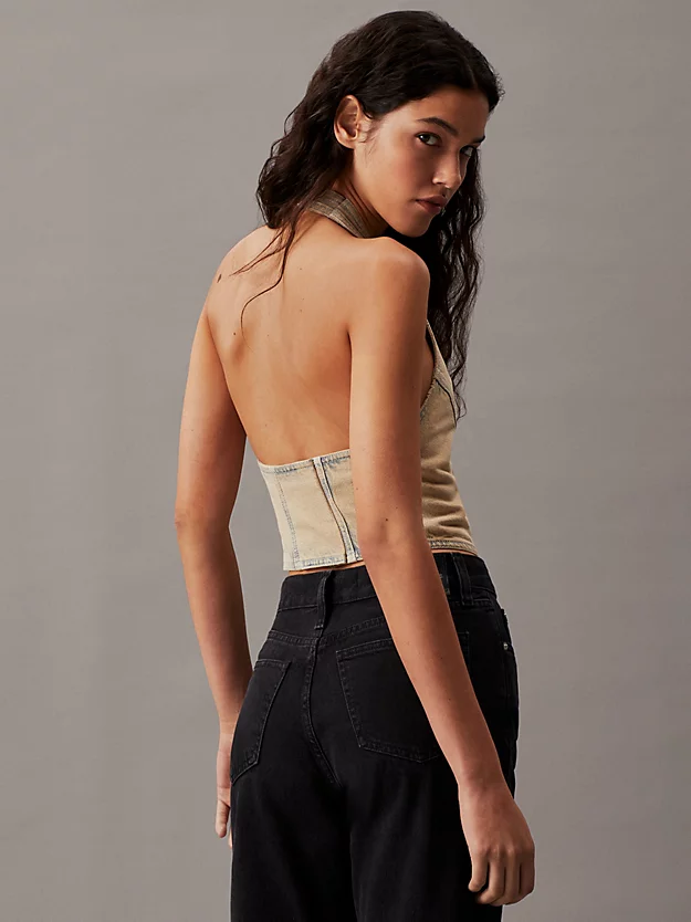 Colete jeans ajustado com gola borboleta