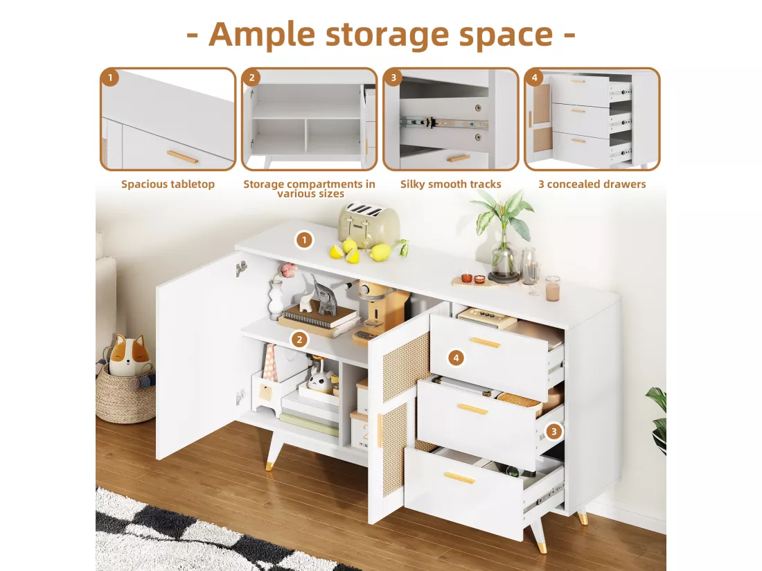Buffet 160x40x87cm - avec 2 portes en rotin et 3 tiroirs - Blanc
