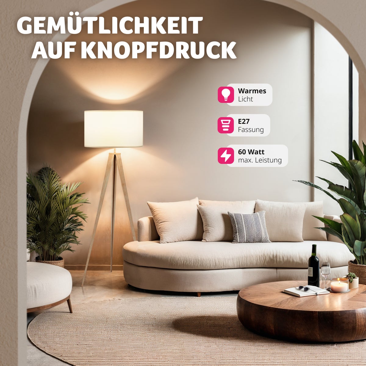 tectake Lunaris vloerlamp, statiefvoet van staal, 60 W, 57 x 57 x 158 cm