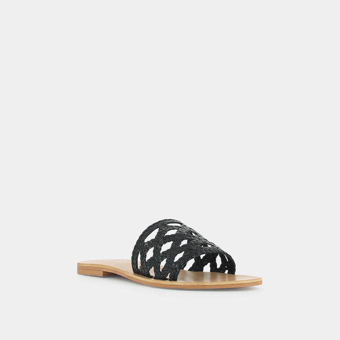 Mules plates tressées  en cuir noir