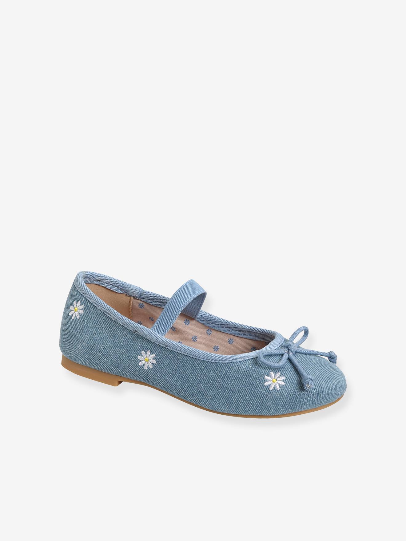 Sapatilhas de ballet bordadas para meninas, lisas, azul médio.