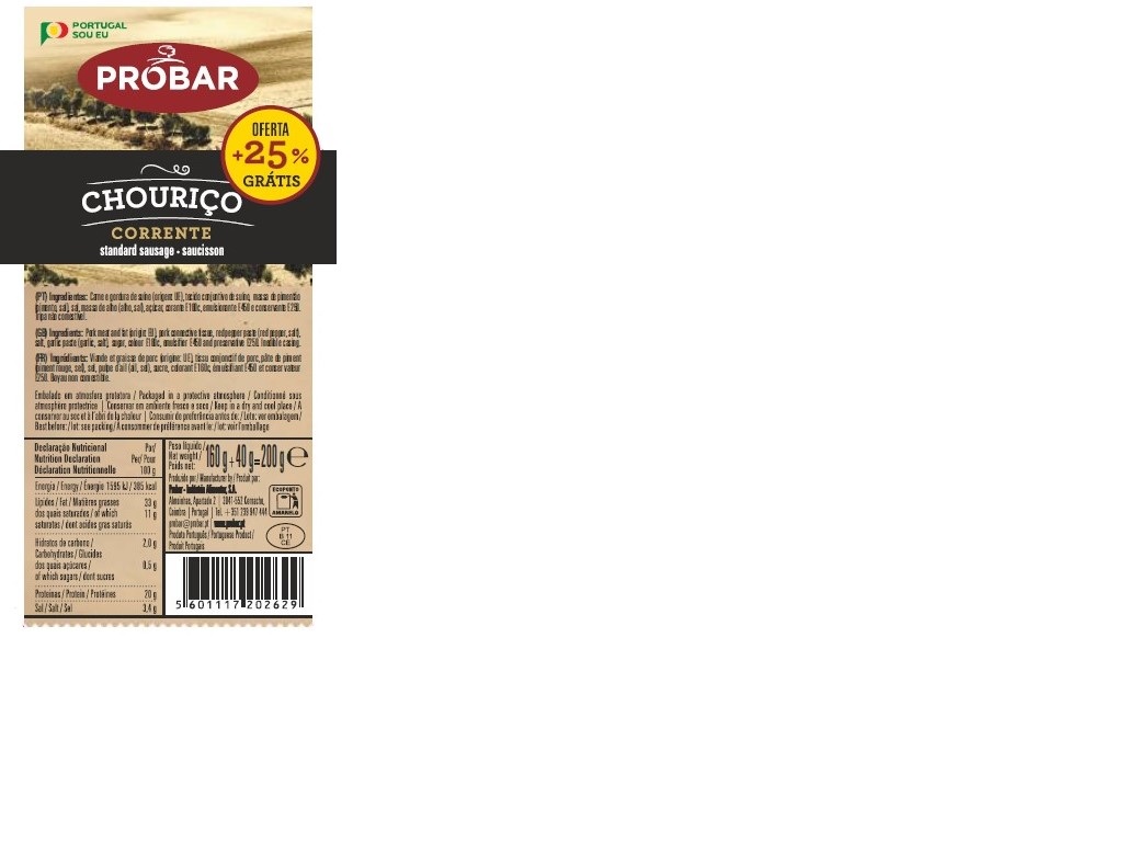 CHOURIÇO DE CARNE PROBAR 160G   25% GRATIS