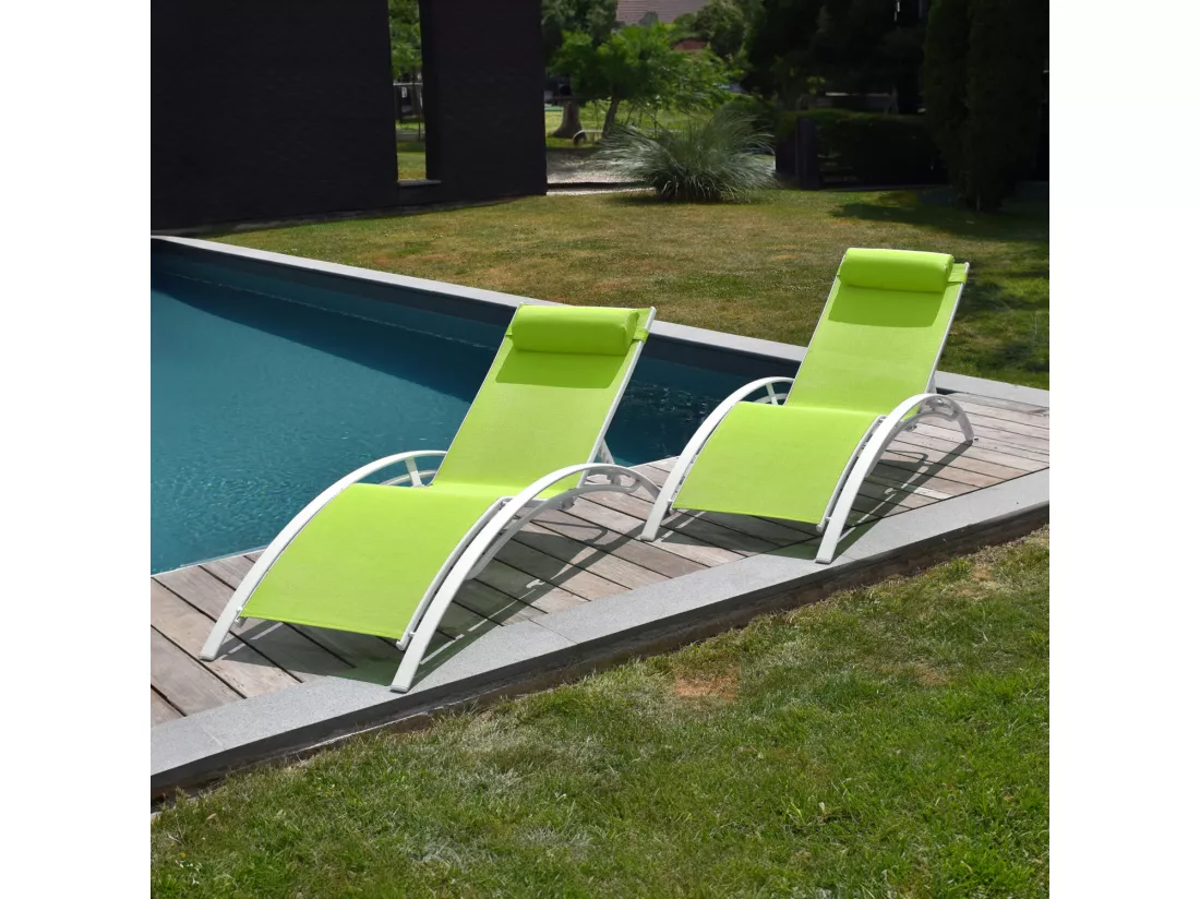 Lot de 2 transats GALAPAGOS en textilène vert - aluminium blanc - HAPPY GARDEN