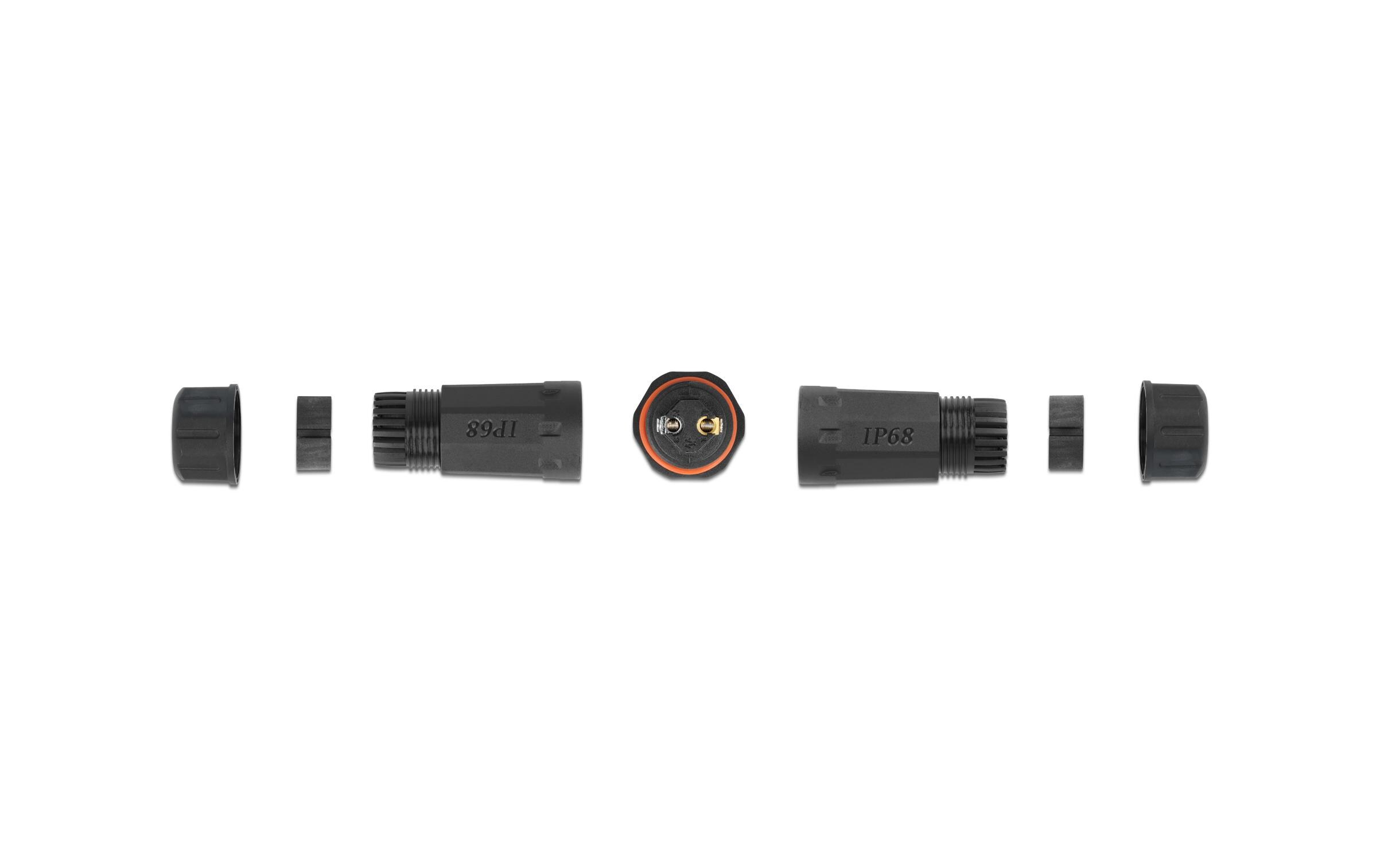 Verbindungsmuffe IP68, 2 Pin, 4.5 - 7.5 mm schwarzDelock Kabelverbinder für Aussenbereich 2 Pin, IP68 wasserdicht, schraubbar, Kabeldurchmesser 4.5 - 7.5 mm schwarz