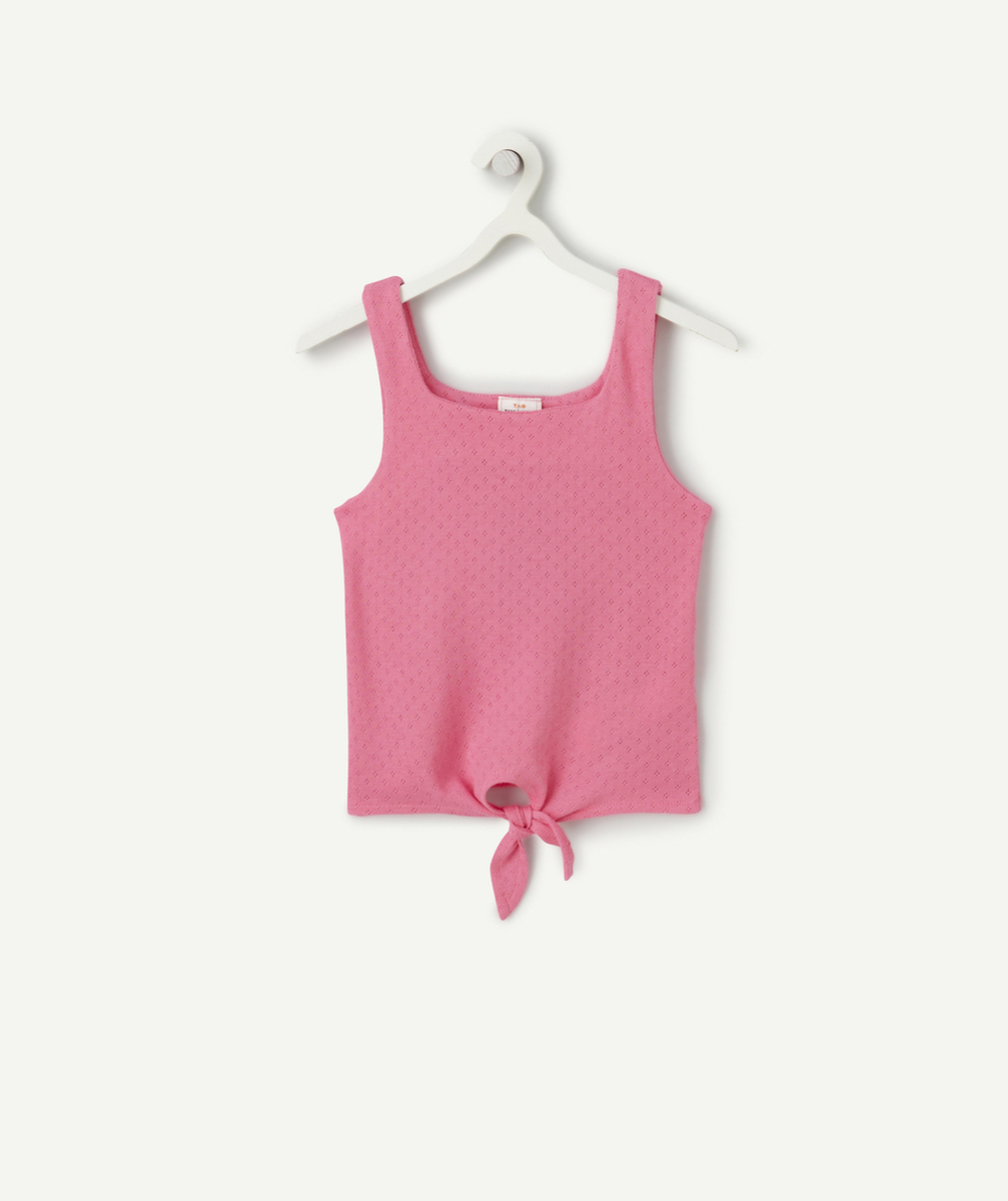 débardeur fille en coton bio et tricot ajouré rose avec noeud
