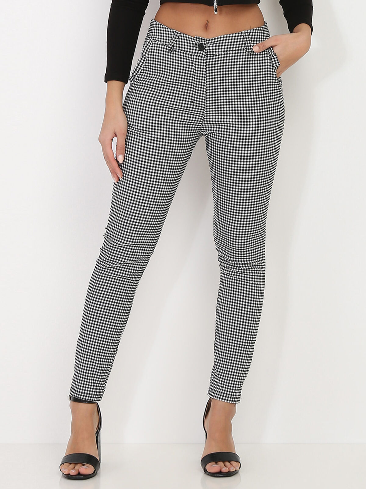 Pantalon slim à motif vichy- Noir et Blanc