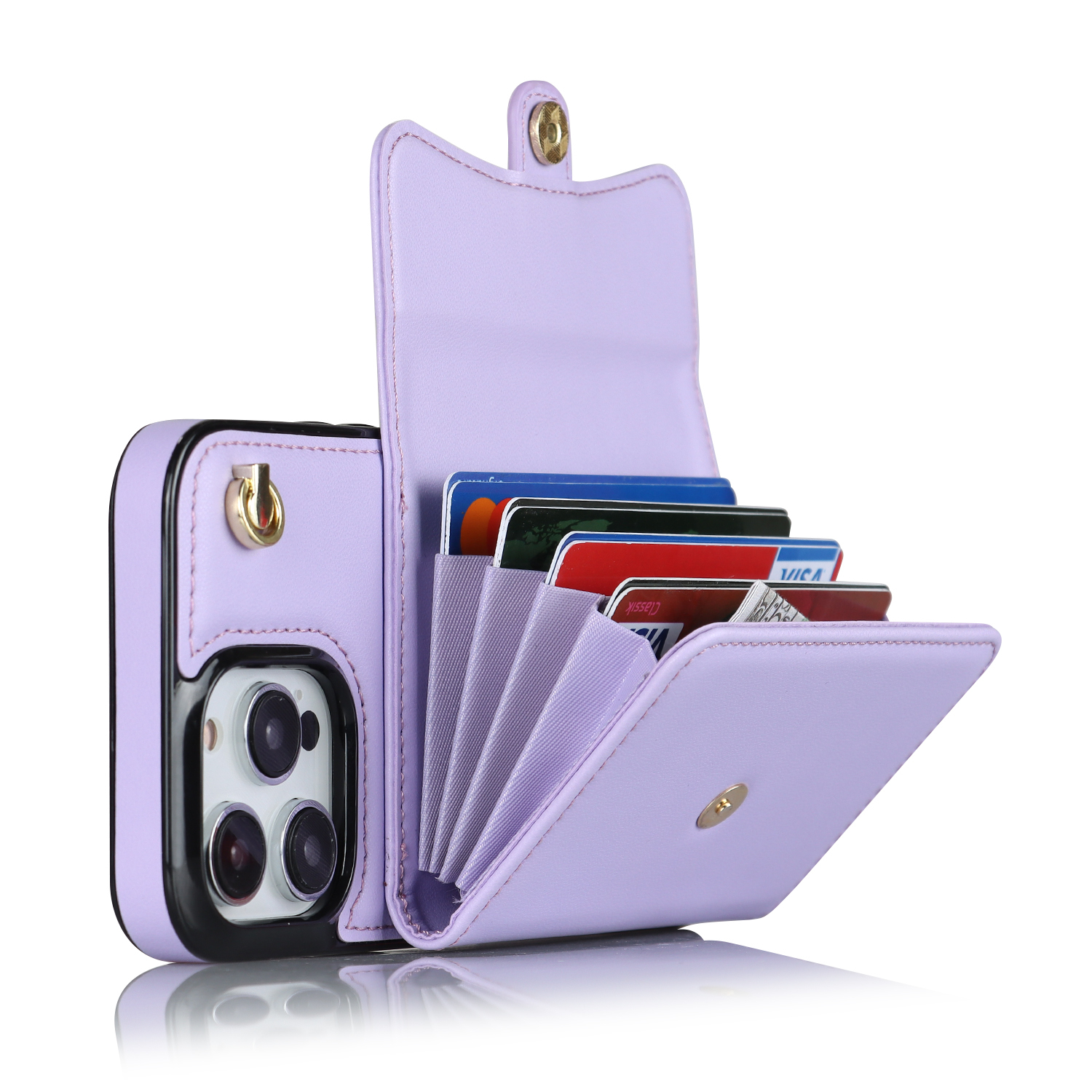 iPhone 12 / iPhone 12 Pro Necklace Leder Schutz Hülle mit Kartenfach   Handykette (140cm) - Lila
