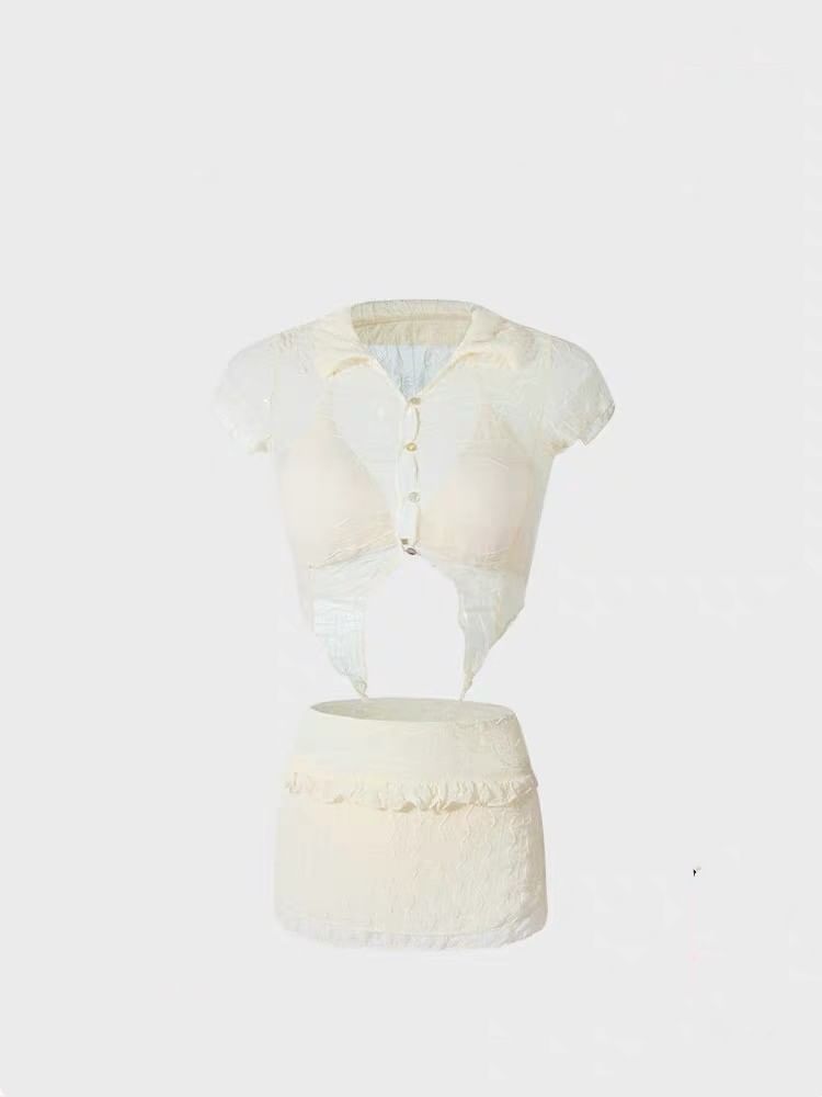 Meisjesbenodigdheden - Set: Halter bikinitop + zwemrok + korte mouwen, kraag en knoopsluiting