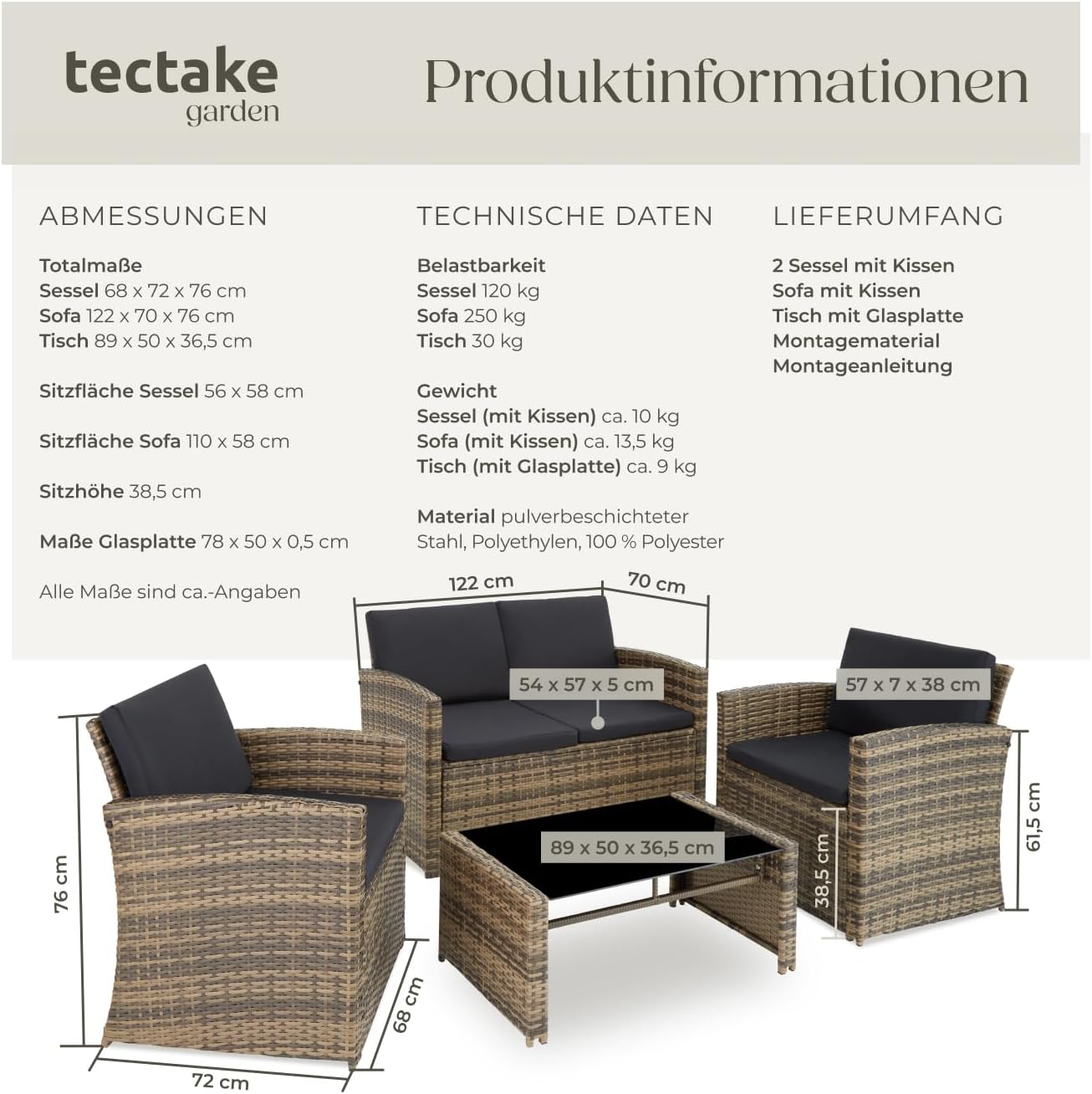 tectake Lounge Gartenmöbel Set Poly Rattan für den Garten, Möbel für den Balkon, 12-teilige Garten Lounge (wetterfest), Essgruppe mit Outdoor Sofa, Sessel und Tisch für 4 Personen (Natur/Dunkelgrau)