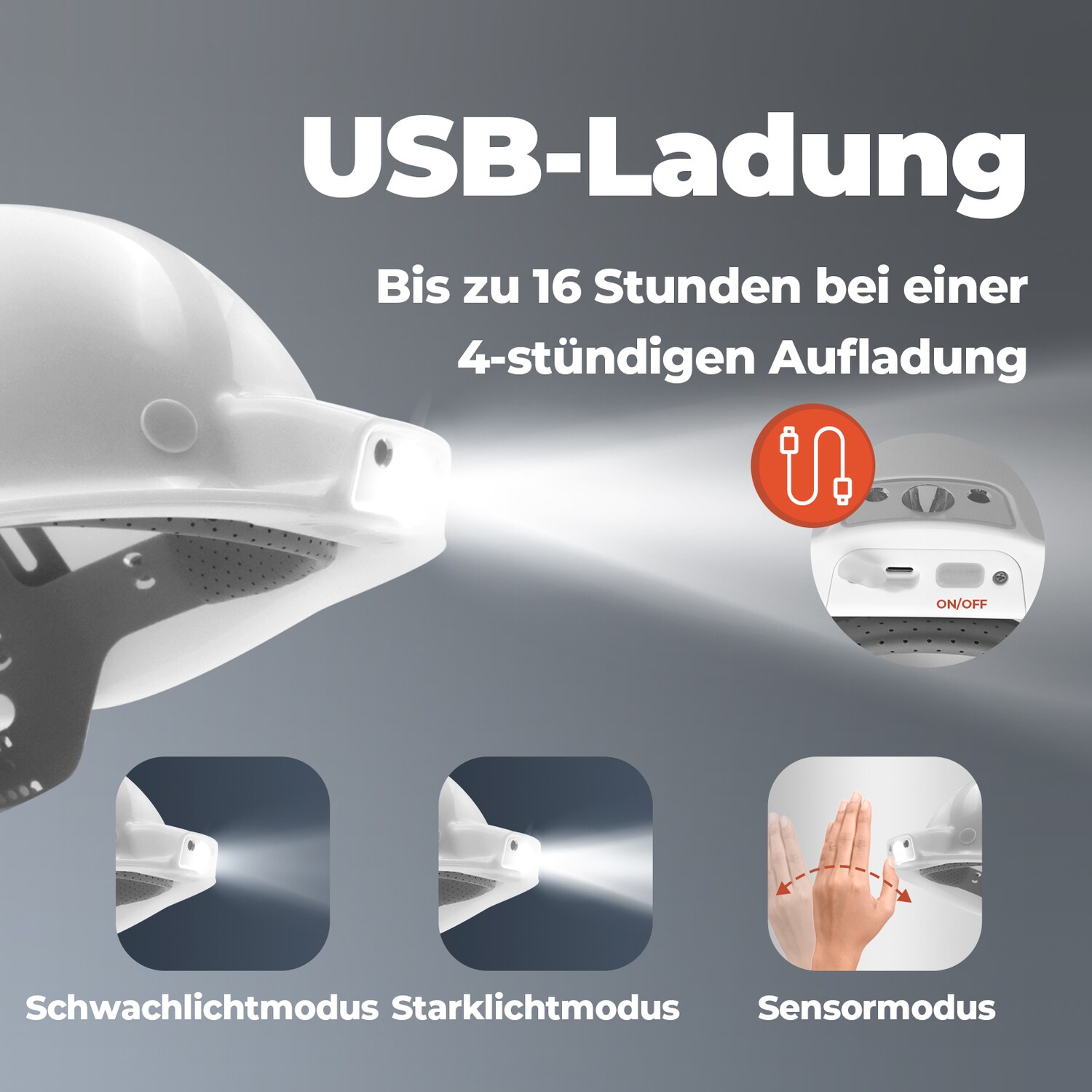 Mustbau MBU-ZC111-WHI Bauhelm,Schutzhelm,Arbeitshelm,Bauarbeiterhelm, USB-Ladegerät-Licht, 53-62cm Einstellbar