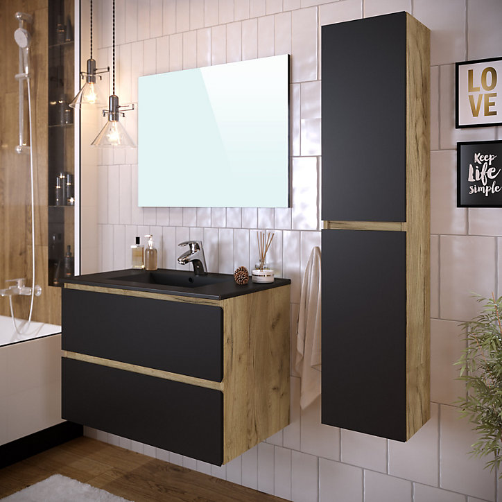 Meuble de salle de bains sous vasque à suspendre l.80 cm noir mat Milenio + plan vasque en résine noire + miroir