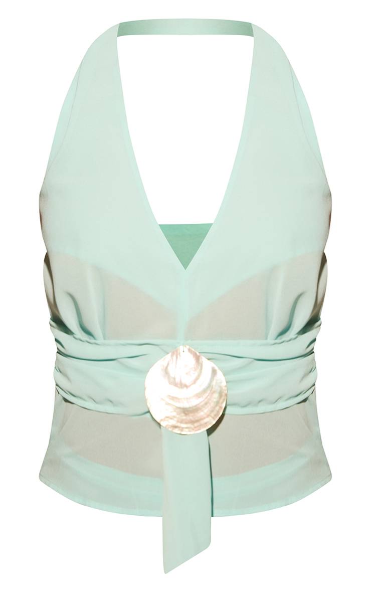 Bleu Aqua Top Halter En Mousseline Transparente Avec Détail Coquillage