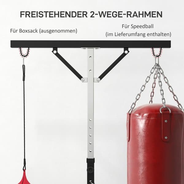 Bokseposestativ, høydejusterbart, frittstående bokseposeholder med speedball, lastekapasitet opptil 60 kg, stål, svart