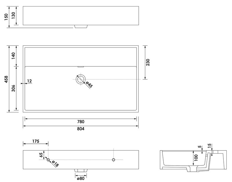 Brauer Gravity enkele wastafel mineraalmarmer 80cm zonder kraangat wit glans