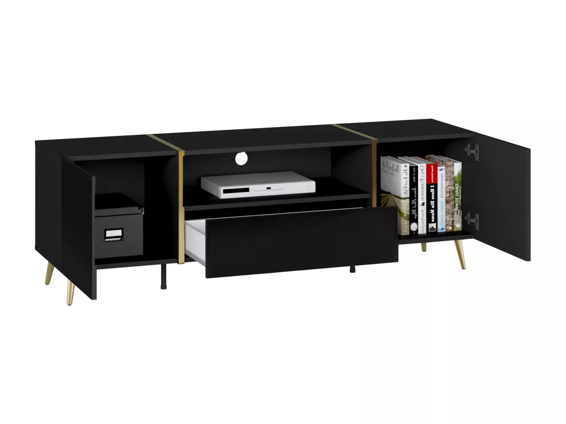 Meuble TV avec 2 portes, 1 tiroir et 1 niche - Noir brillant et Doré - MARZIALO