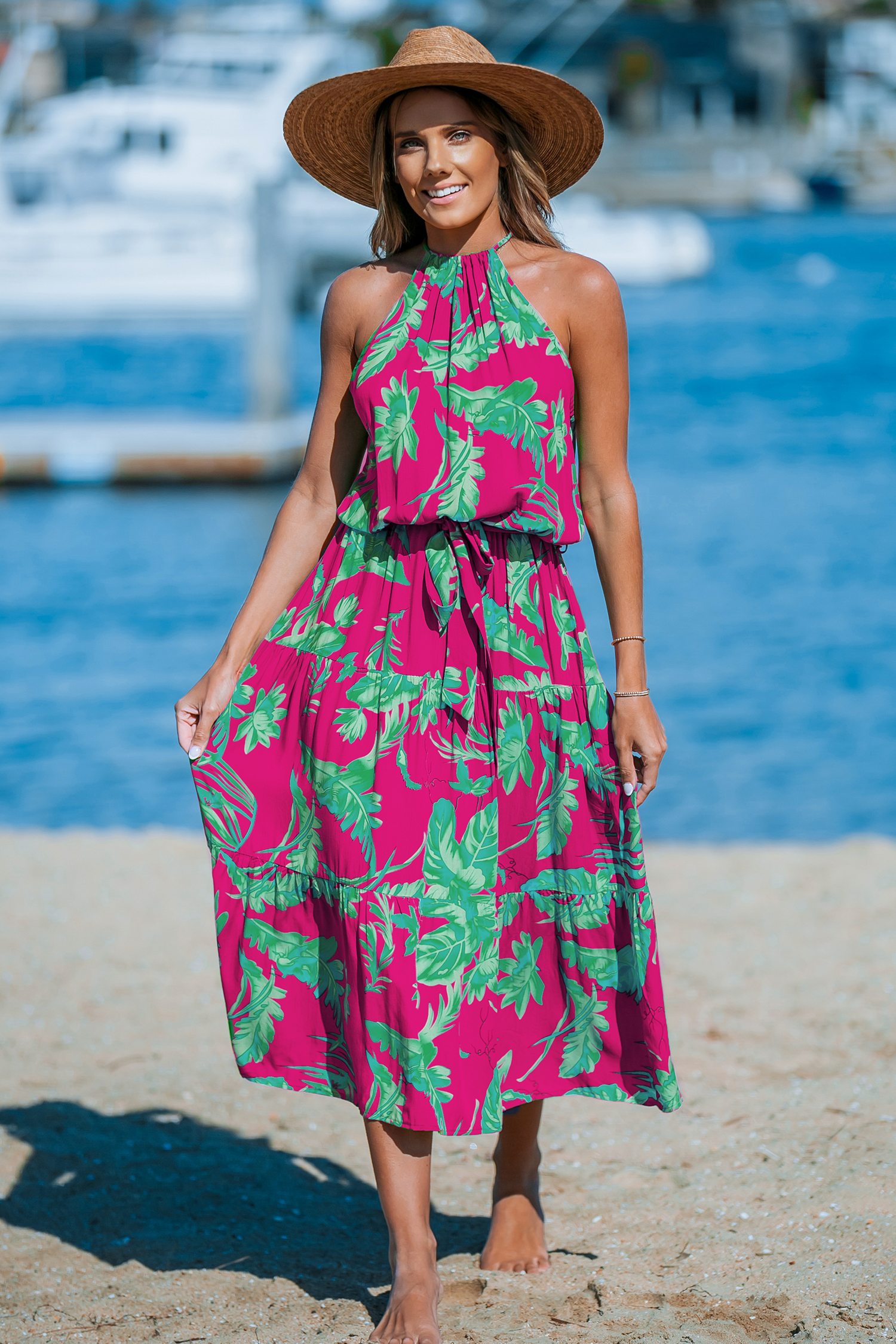Robe maxi à col licou tropical rose et verte