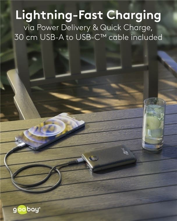 Goobay Powerbank kompakt 10.000 mAh praktisk och platsbesparande design med 10.000 mAh, perfekt för resor