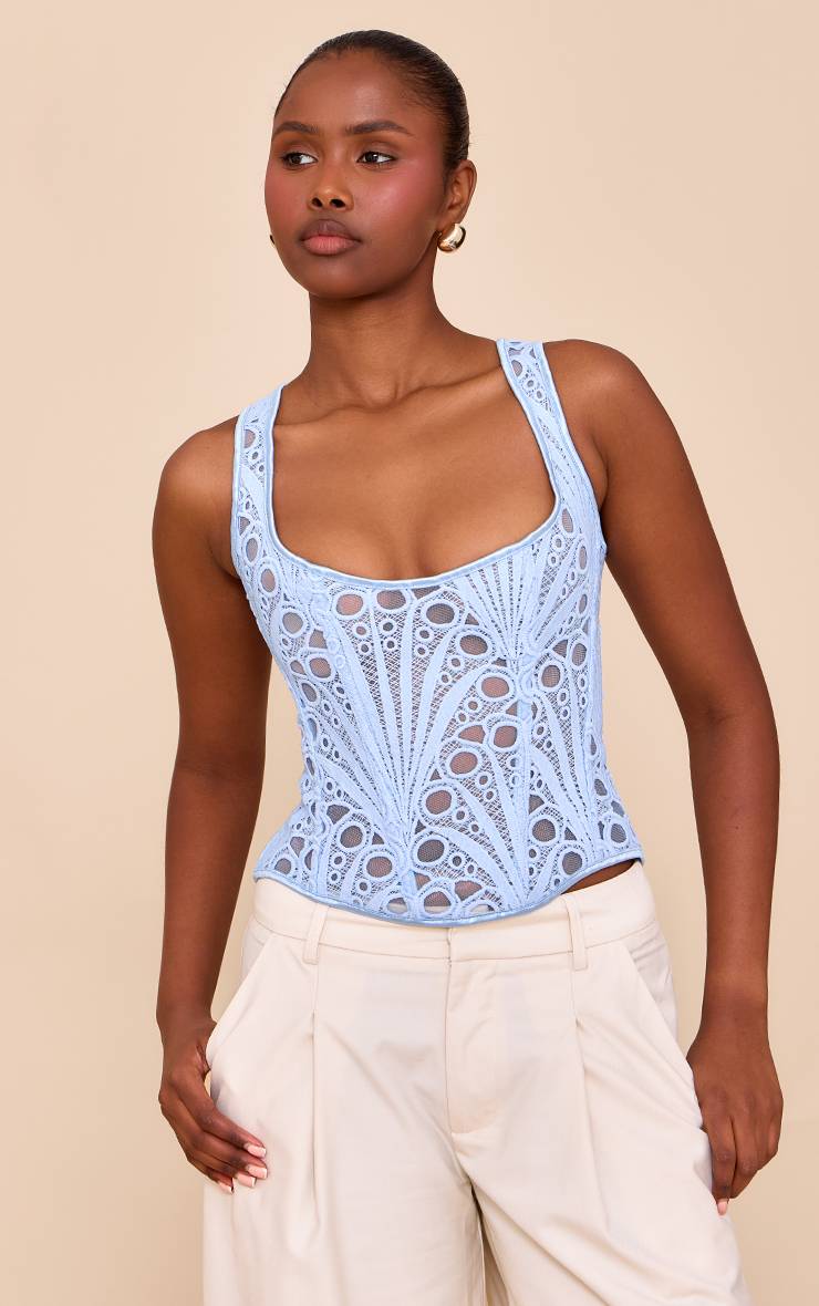 Bleu Ciel Corset À Encolure Carrée En Voile Texturé À Motifs Floraux