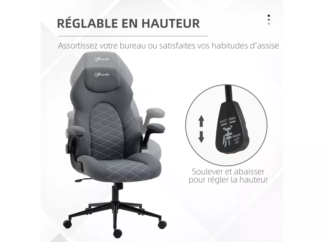 Fauteuil de bureau chaise de bureau ergonomique hauteur réglable pivotant 360° accoudoirs relevables tissu anthracite