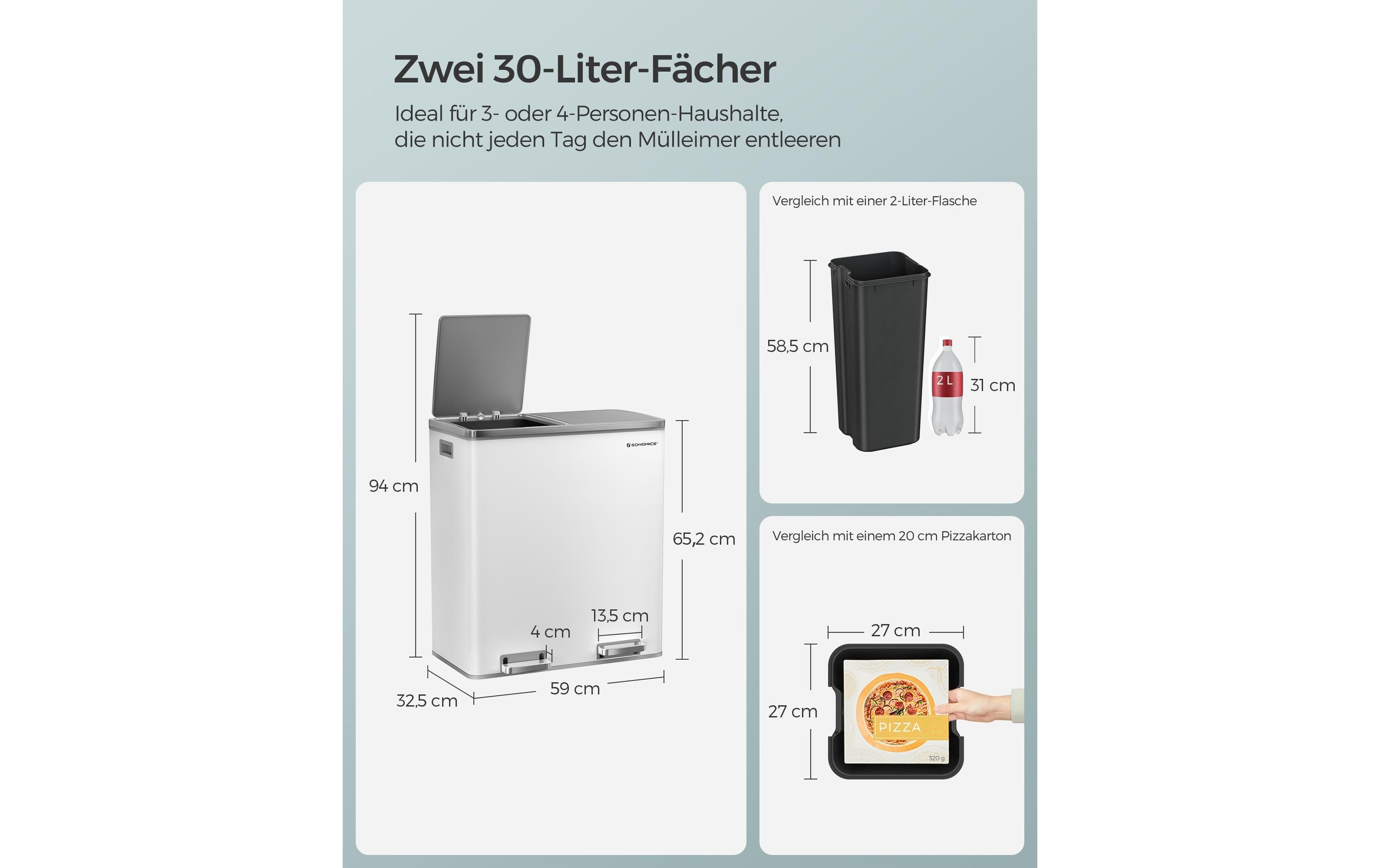 Abfalleimer Mülleimer 60 l, Weiss<br>Treteimer mit zwei Fächern