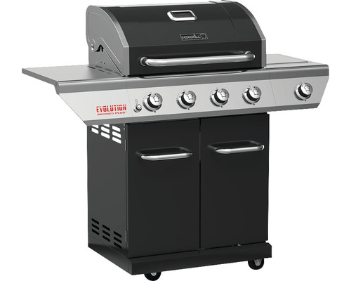 Nexgrill Evolution 4-pits gasbarbecue, zwart, inclusief zijtafel, warmhoudrek, dekselthermometer en gietijzeren grillrooster.