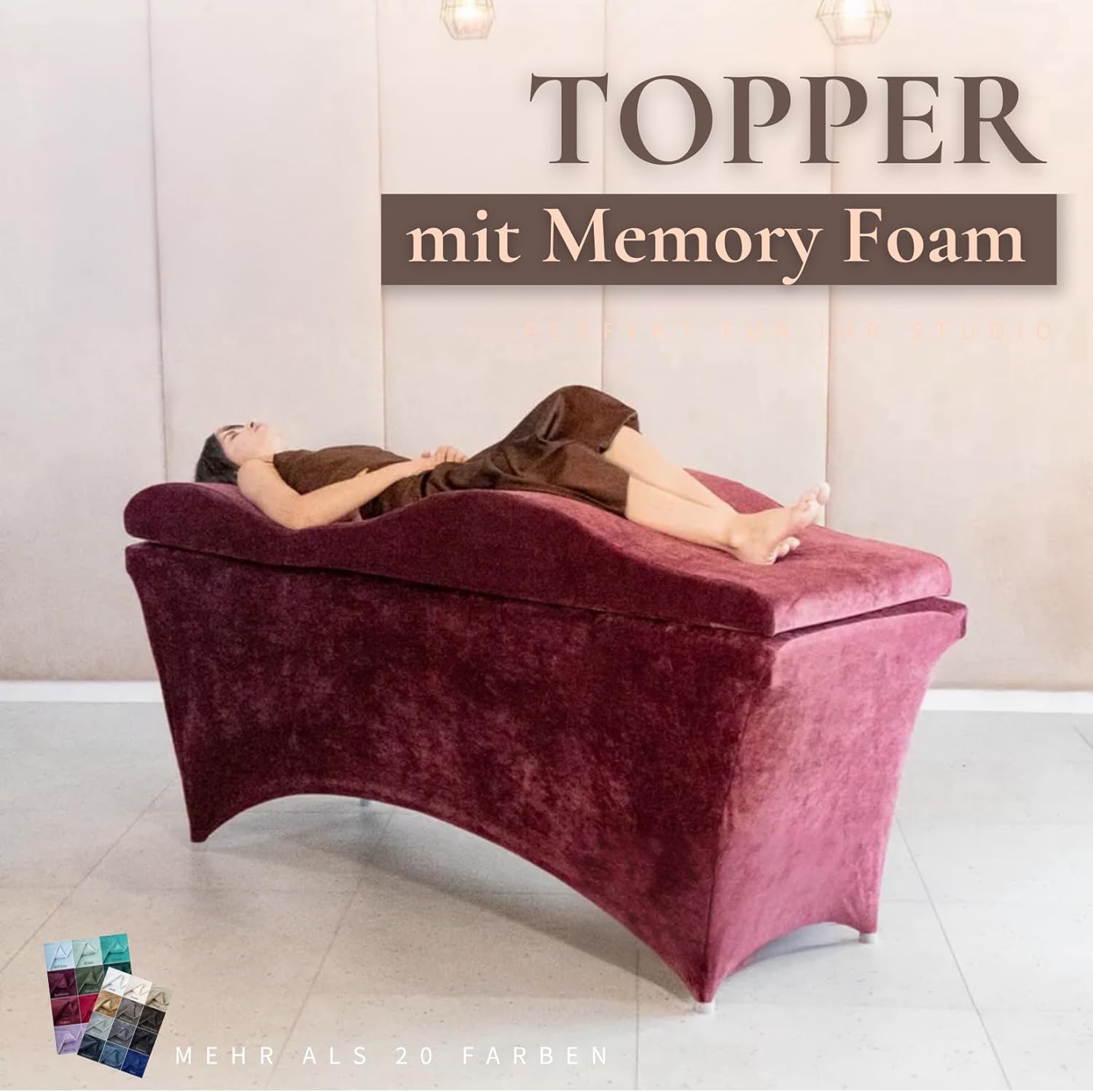 Wave Matratze mit Memory Foam 190x70 für Kosmetikliege, Massageliege, mit Bezug aus Velours, 08 Burgunder, Weinrot