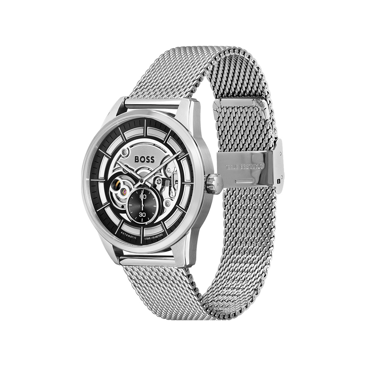 Montre BOSS sport lux homme automatique, bracelet acier argent