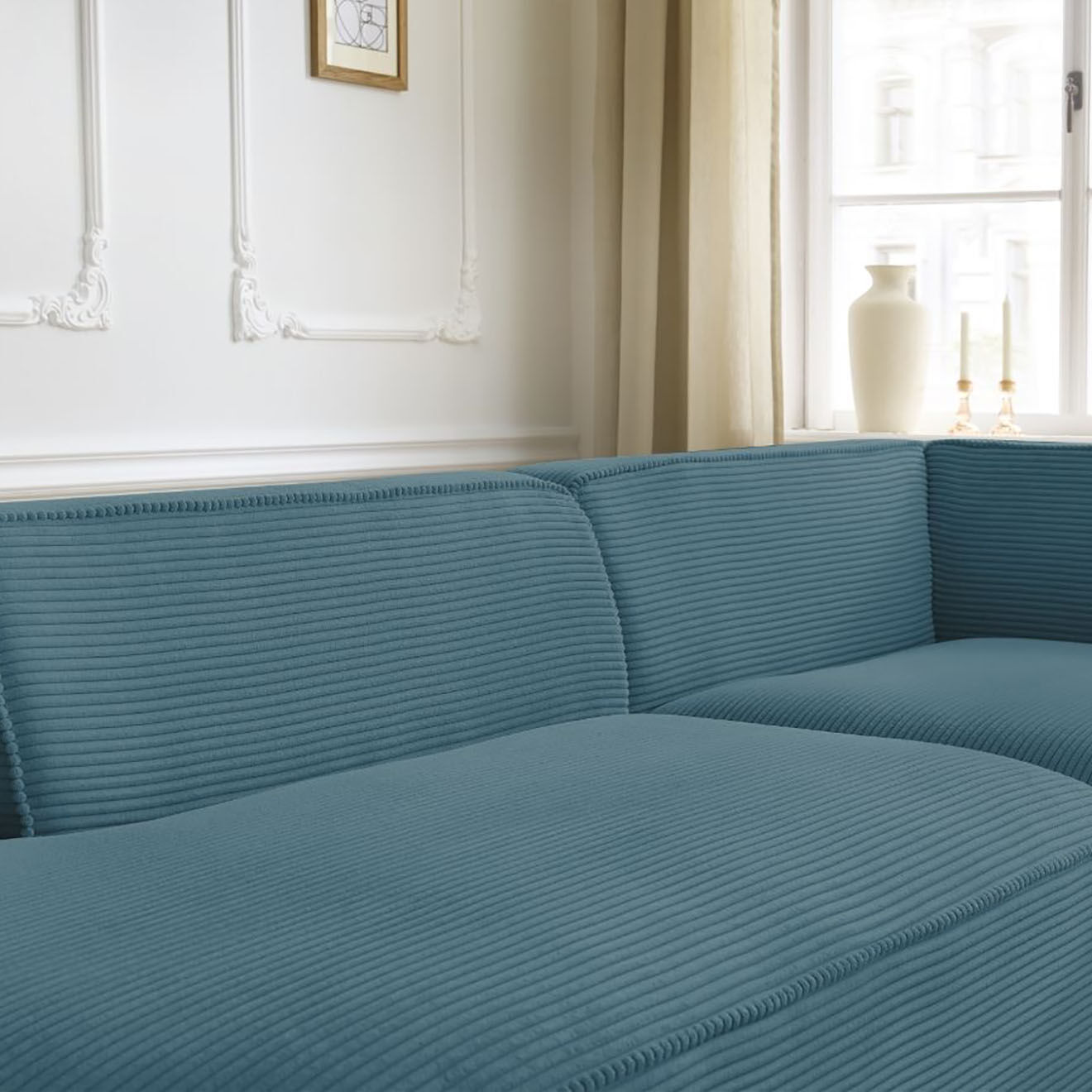 Bobochic Canapé d'angle droit fixe 4 places Rousseau texturé bleu foncé - 250x160x72 cm