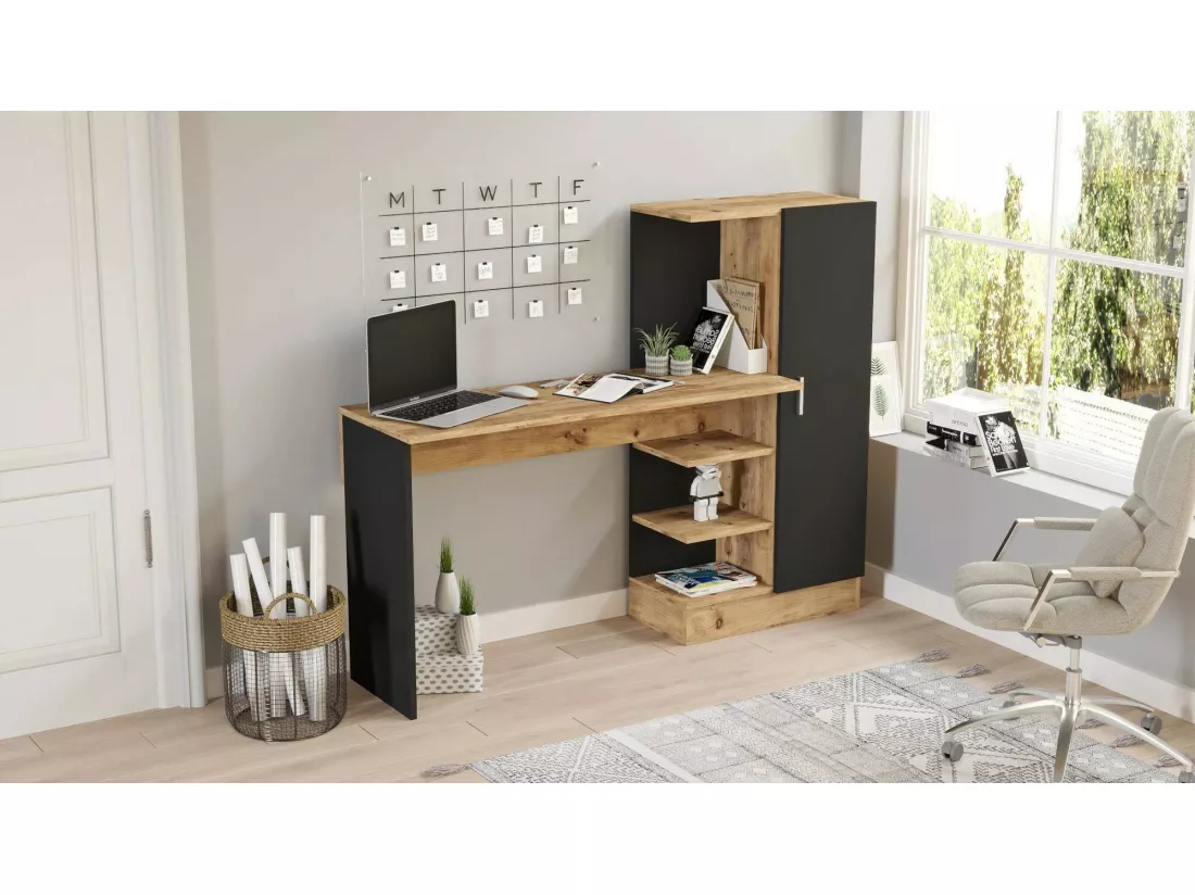 Bureau Ancha, Pupitre polyvalent, Table de bureau pour PC, Plan de travail, 152x40h120 cm, Chêne et Noir