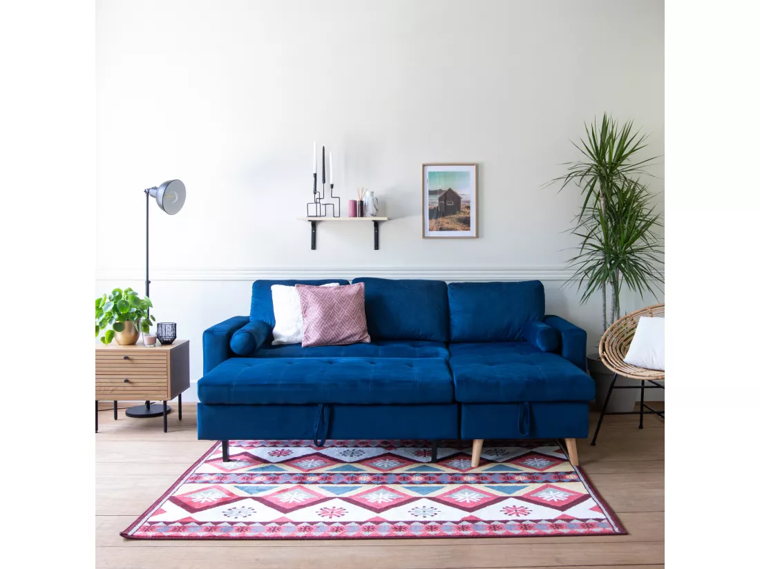 Canapé d'angle convertible JAMES 3 places en velours bleu - HAPPY GARDEN