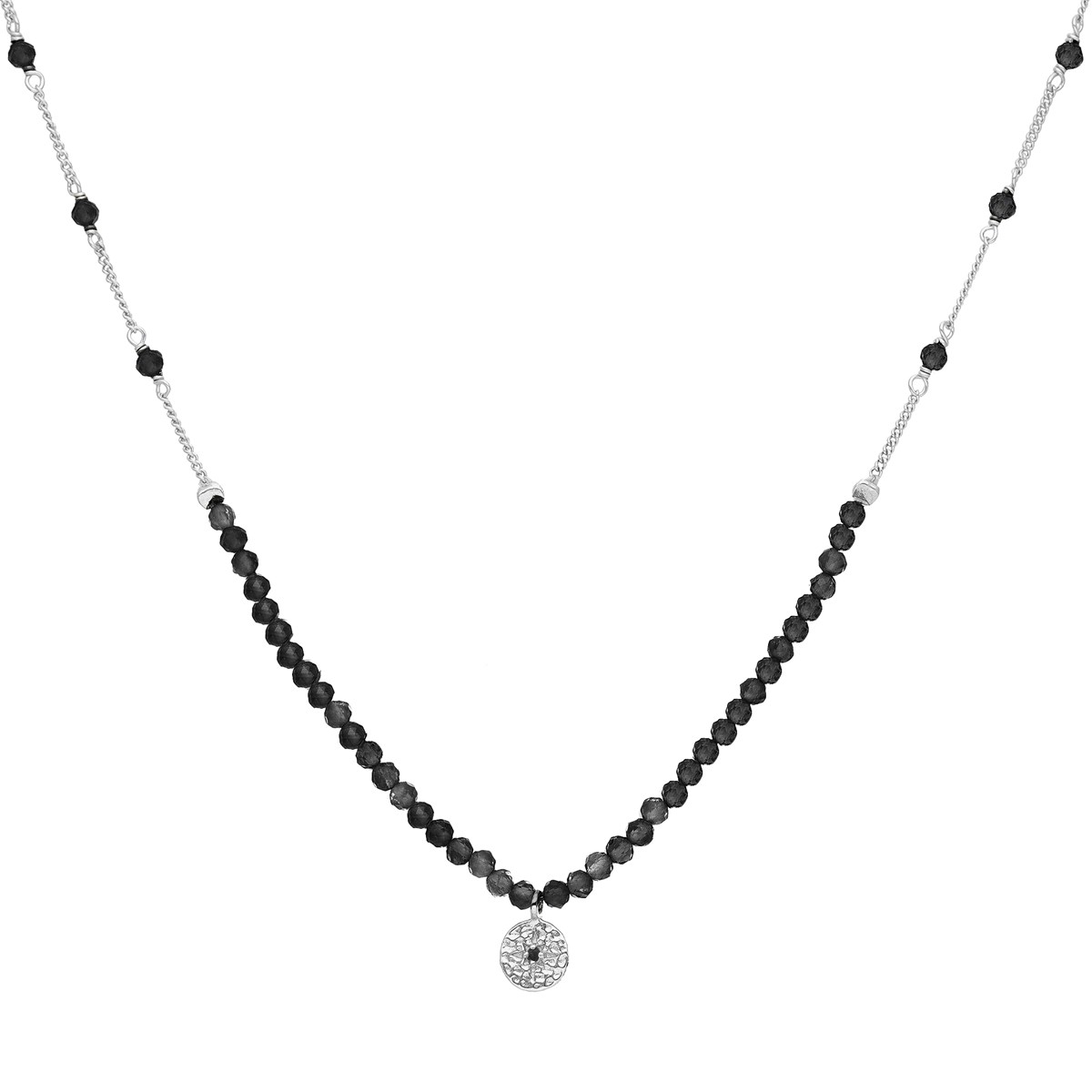 Collier Chaîne Argent Avec Pierres Spinelle Noir Et Pampille