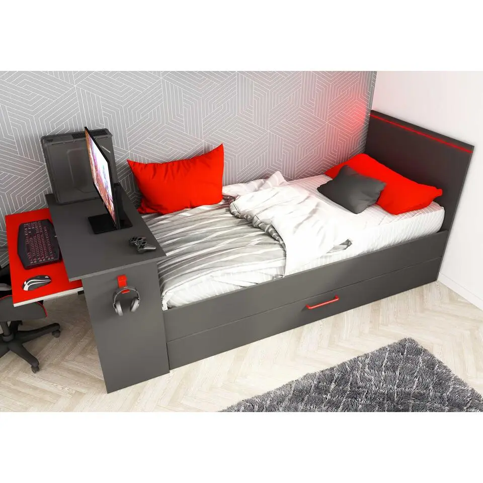 Bed Bzone 90x200 cm met bedlade, bureau en ledverlichting - antraciet