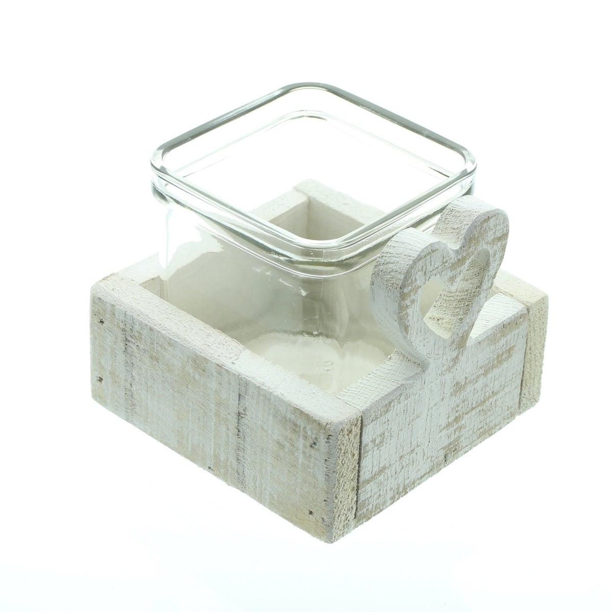 FRANK FLECHTWAREN | Theelichthouder met wit hart, 10 x 10 x 8,5 cm, HOUT, GLAS